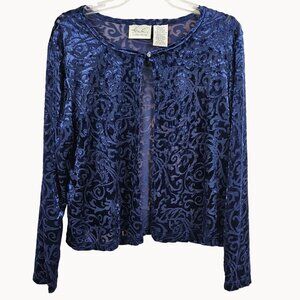 Katie Lee Collection Women L Navy Blue Floral Velvet Sheer Long Sleeve Cardigan
